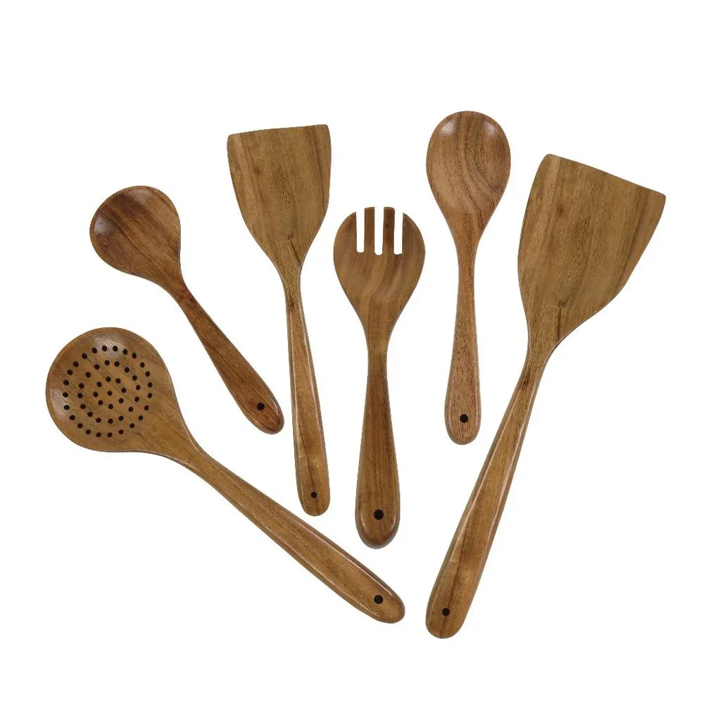 Oussum Cooking Kitchen Utensils Wood 6 Spoons Set Acacia Wooden Spoons & Holder